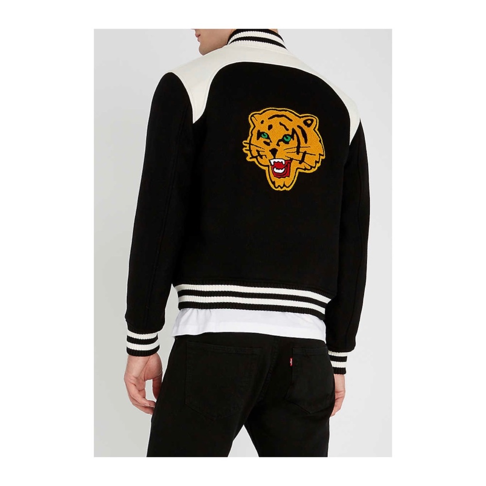 Tiger-embroidered wool-blend bomber jacket.